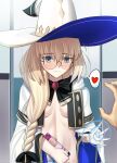  1girl aesc_(fate) aesc_(rain_witch)_(fate) blonde_hair blue_eyes blush breasts cape cloak coat fate/grand_order fate_(series) hat heart highres long_hair longdq3008 magic_circle multicolored_cape multicolored_cloak naked_coat robe round_eyewear smile solo tagme two-sided_bow white_cloak white_robe wide_brim witch_hat 