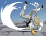 2025 absurd_res anthro antlers bottomless bovid caprine clothed clothing club_(weapon) collapsed digital_drawing_(artwork) digital_media_(artwork) digital_painting_(artwork) domestic_cat faceplant falling falling_over felid feline felis female geminart goat hi_res horn jackalope lagomorph leporid mammal melee_weapon motion_blur motion_lines nightstick ouch painting_(artwork) pseudoregalia rabbit scorpion_(position) skid_marks solo sybil_(pseudoregalia) tail topwear topwear_only vest vest_only weapon