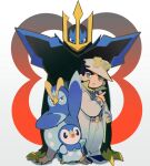  1boy black_hair closed_mouth coat crossover diamond_wa_kudakenai empoleon evolutionary_line full_body green_eyes hat highres jojo_no_kimyou_na_bouken kujo_jotaro looking_at_viewer pants piplup pokemon pokemon_(creature) prinplup standing white_background white_coat white_hat white_pants windylie 