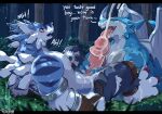 3_toes anthro bandai_namco big_muscles blue_body blue_fur blue_scales blush bodily_fluids bottomwear claws clothing cum cum_in_mouth cum_inside cum_on_face cumshot dialogue digimon digimon_(species) duo ear_piercing ear_ring ejaculation english_text excessive_cum excessive_genital_fluids exveemon facial_horn feet forest fur genital_fluids genitals hi_res horn humanoid_genitalia humanoid_penis long_tongue lying male male/male membrane_(anatomy) membranous_wings muscular muscular_anthro muscular_male nature night nose_horn on_back oral pache_riggs pants penis piercing plant red_eyes ring_piercing scales scalie sex text toe_claws toes tongue tongue_out tonguejob tree vein veiny_penis weregarurumon wings