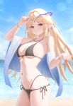  1girl absurdres beach bikini black_bikini blonde_hair blue_eyes blue_sky breasts cartethyia_(wuthering_waves) cleavage cowboy_shot crown_of_thorns doraski earrings groin halterneck highres jewelry large_breasts long_hair looking_at_viewer missing_commentary multi-strapped_bikini_bottom navel ocean outdoors pointy_ears sand side-tie_bikini_bottom sky smile solo string_bikini swimsuit tacet_mark_(wuthering_waves) wuthering_waves 