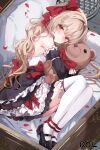  1girl absurdres bare_shoulders birdcage black_shoes blonde_hair blush bow box cage closed_mouth curly_hair dolechan dress dress_shoes frilled_dress frilled_sleeves frills full_body gothic_lolita hair_between_eyes highres holding holding_teddy_bear lolita_fashion long_hair looking_at_viewer lying on_side original petals pointy_ears red_bow red_eyes red_petals red_ribbon ribbon shoes smile solo stuffed_animal stuffed_toy teddy_bear thighhighs treasure_chest white_thighhighs 