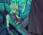  2boys armor blonde_hair blue_eyes clothes_lift cloud_strife cloudcloudcloud empty_eyes english_commentary final_fantasy final_fantasy_vii gloves hand_on_own_stomach holding holding_sword holding_weapon imminent_death imminent_murder lying male_focus masamune_(ff7) multiple_boys on_ground pauldrons possessed sephiroth shaking shirt_lift short_hair shoulder_armor single_pauldron spiked_hair sweat sword weapon 