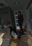  2boys absurdres artist_name belt black_belt black_jacket black_pants black_shoes blood blood_on_ground blood_on_wall blood_splatter bottle bowl closed_mouth colored_skin commentary_request corpse death door dropping dutch_angle enemy_uchigatana explosion frying_pan full_body grey_skin hair_between_eyes highres holding holding_sword holding_weapon indoors jacket jikan_sokougun jug_(bottle) key kitchen ladle looking_at_viewer male_focus multiple_boys murasaki500 ookanehira_(touken_ranbu) pants pov pov_hands red_hair roningasa rug sheath shirt shoes short_hair signature spatula standing stove sword tachi_(weapon) touken_ranbu vent_(object) weapon white_shirt wooden_floor 