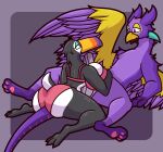 absurd_res anthro avian beak big_beak big_breasts big_butt big_penis big_wings bird black_body black_feathers boxers_(clothing) bra breasts bulge butt clothing clothing_bulge countershade_tail countershade_torso countershading erection erection_under_clothing eye_contact eyeshadow feathers female genitals gold_eyeshadow grey_boxers grey_clothing grey_underwear grinding_on_tail gryphon hi_res ikakins kestrel_(ichlamogeneralhukari) looking_at_another lying makeup male male/female multicolored_body mythological_avian mythological_creature mythology on_back panties pawpads paws penis pink_bra pink_clothing pink_panties pink_pawpads pink_underwear purple_body purple_eyes purple_feathers silver_eyeshadow sitting_on_tail tail teal_eyes teal_eyeshadow tenting thick_thighs titfuck_over_clothes toucan two_tone_body two_tone_tail underwear white_body white_sclera wings yellow_beak yellow_body yellow_feathers