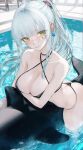  1girl absurdres alternate_costume alternate_hairstyle ass breasts cleavage closed_mouth clukay_(neural_cloud) collarbone criss-cross_halter cross cross_earrings earrings girls&#039;_frontline girls&#039;_frontline_2:_exilium green_eyes halterneck highres hk416_(girls&#039;_frontline) inflatable_orca inflatable_toy jewelry large_breasts long_hair looking_at_viewer mark_under_eye ponytail pool renoahh smile solo teardrop_facial_mark thighs water white_hair 