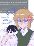  1boy animalization antenna_hair basil_(faraway)_(omori) basil_(omori) black_eyes black_hair blonde_hair blue_eyes bright_pupils cat collared_shirt flower green_sweater_vest hair_flower hair_ornament highres looking_at_viewer milestone_celebration omori qinliu_cat shirt short_hair short_sleeves solo sunny_(omori) sweater_vest white_pupils white_shirt 
