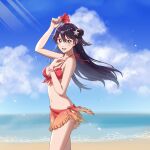  1girl :d alternate_costume alternate_hairstyle arm_up bambietta_basterbine bare_arms bare_shoulders beach bikini bikini_skirt black_hair bleach bleach:_brave_souls blue_sky blush breasts brown_eyes cleavage cloud collarbone commentary cowboy_shot day deadman70232800 eyelashes floating_hair flower frilled_bikini frills front-tie_bikini_top front-tie_top hair_between_eyes hair_bun halterneck hand_up highres holding holding_flower long_hair looking_at_viewer medium_breasts navel ocean one_side_up open_mouth outdoors red_bikini red_flower single_side_bun sky smile solo sparkle starfish_hair_ornament stomach sunlight swimsuit teeth v-shaped_eyebrows very_long_hair water_drop 
