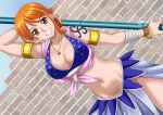  1girl arm_tattoo arm_up arm_wrap bangle bare_shoulders bikini bikini_top_only blue_bikini blue_skirt bracelet breasts brick_wall cleavage clima-tact collarbone commentary_request cowboy_shot dutch_angle earrings folded_ponytail gold_armlet grin groin highres holding holding_staff jewelry large_breasts log_pose long_skirt looking_at_viewer midriff nami_(one_piece) navel necklace one_piece orange_eyes orange_hair paid_reward_available partial_commentary pearl_earrings shoulder_tattoo skirt smile solo staff standing swimsuit tattoo teeth wavelevel5 
