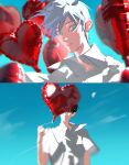  2boys alien_stage aqua_eyes artist_name balloon black_hair blue_sky collared_shirt commentary covered_eyes english_commentary fang grey_hair heart_balloon highres holding holding_balloon ivan_(alien_stage) male_focus moon multiple_boys parted_lips shirt short_hair skin_fang sky smile till_(alien_stage) uchiha_i_arts very_short_hair watermark white_shirt 