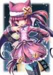 1girl alucard_lore animal_hat bat_wings black_boots black_wings blue_thighhighs boots cat_hat dress emil_chronicle_online frilled_dress frills hair_ornament hat highres long_hair low_ponytail pink_dress pink_ribbon ponytail purple_hair red_eyes ribbon thighhighs vampire wings winter winter_uniform yupi828 