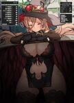  1girl abyonus ass_visible_through_thighs bare_shoulders black_dress black_gloves black_thighhighs blonde_hair blush bra bra_peek breasts cleavage cleavage_cutout closed_mouth clothing_cutout dress fang gloves hair_between_eyes half-closed_eye half-closed_eyes hat highres kankaku_shadan large_breasts long_hair navel navel_cutout nijisanji nui_sociere nui_sociere_(1st_costume) one_eye_closed panties partially_fingerless_gloves pelvic_curtain skin_fang solo thighhighs translation_request underwear variant_set very_long_hair virtual_youtuber witch witch_hat yellow_eyes 