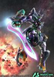  bandai battle commentary_request copyright_logo debris energy_sword explosion gfred gundam gundam_arsenal_base gundam_gquuuuuux hukutuuprunes machinery mecha mecha_focus mobile_suit nebula no_humans official_art realistic robot science_fiction space star_(sky) sword thrusters title weapon zeon 
