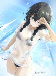  1girl arm_up bikini bikini_under_clothes black_bikini black_hair bow braid commentary green_eyes hair_bow hanakuma_chifuyu highres holding holding_removed_eyewear k-yous looking_at_viewer navel no_pants one_eye_closed see-through_clothes see-through_shirt shirt signature solo swimsuit synthesizer_v twin_braids unworn_eyewear wading water water_drop wet wet_clothes wet_shirt white_bow white_shirt 