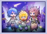  +_+ 1girl 2boys aqua_(kingdom_hearts) arm_armor armor asymmetrical_armor bike_shorts bike_shorts_under_skirt black_gloves blonde_hair blue_border blue_cape blue_eyes blue_hair blue_shirt blush border bright_pupils brown_hair brown_hakama cape charm_(object) checkered_clothes chibi chibi_only commentary detached_sleeves fingerless_gloves full_body gloves glowing grass grey_shirt hair_intakes hair_slicked_back hakama hakama_pants highres holding holding_charm holding_hands jacket japanese_clothes jumping kingdom_hearts kingdom_hearts_birth_by_sleep looking_at_another looking_at_viewer medium_hair multicolored_jacket multiple_boys night night_sky on_grass open_clothes open_jacket open_mouth outdoors pants puffy_pants shirt shoes shooting_star short_sleeves shoulder_strap sky sleeveless sleeveless_shirt smile spiked_hair squidkid528 star_(symbol) symbol-only_commentary teeth terra_(kingdom_hearts) upper_teeth_only ventus_(kingdom_hearts) waist_cape wide_sleeves wristband 