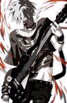  1boy alien_stage belt black_belt black_choker black_pants black_shirt choker commentary english_commentary guitar hair_over_eyes highres holding holding_guitar holding_instrument instrument male_focus official_alternate_costume pants piercing shirt short_hair skeleton_print solo studded_belt till_(alien_stage) tongue tongue_out tongue_piercing uchiha_i_arts 