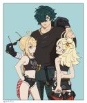  1boy 2girls ahoge bandaged_arm bandages black_gloves black_shirt black_shorts black_tank_top black_tube_top blonde_hair blue_background border crop_top crossed_bangs earrings fur-trimmed_shorts fur_trim gloves green_eyes green_hair hair_over_one_eye half_gloves highres holding holding_removed_eyewear holding_unworn_jacket jacket jewelry leather leather_jacket lighter_(zenless_zone_zero) looking_at_viewer luciana_de_montefio multiple_girls navel necklace piper_wheel popochi_fuwa print_tank_top red_eyes scar scar_on_arm shirt shorts side_ponytail simple_background strapless stud_earrings sunglasses tank_top temporal_hairline tube_top unworn_eyewear white_border zenless_zone_zero 