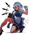  1girl apron bare_legs black_shoes blue_dress blue_ribbon bow braid breasts dress feet_out_of_frame frilled_dress frills gloves grey_hair high_heels highres holster iganashi1 izayoi_sakuya kneeling knife maid maid_headdress medium_breasts neck_ribbon one-hour_drawing_challenge red_eyes ribbon shoes simple_background smile solo thigh_holster touhou twin_braids waist_apron waist_bow white_apron white_background white_bow white_gloves 
