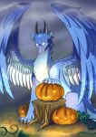 absurd_res ambiguous_gender blue_body blue_eyes blue_feathers blue_fur claws dragon european_mythology feather_markings feathers feral food fruit fur furred_dragon furred_scalie glowing glowing_eyes glowing_markings halloween_decoration hi_res horn jarts markings mythological_creature mythological_scalie mythology pawpads plant pumpkin scalie solo spikes spread_wings tail western_dragon white_body white_feathers wings zeph_(nightfire_zephyr)