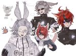  !? 2boys :d absurdres ahoge aotsuki_eito armband arms_up black_gloves black_streaks blank_speech_bubble blue_eyes cat_boy chinese_commentary closed_eyes cropped_torso drawstring eyeshadow final_fantasy final_fantasy_xiv gakuran glasses gloves grey_hair highres hole_in_chest hole_on_body hood hoodie jacket job_icon_(final_fantasy) last_defense_academy_school_uniform looking_at_viewer makeup male_focus miqo&#039;te multicolored_hair multiple_boys multiple_views one_eye_closed parted_lips rabbit_boy reaper_(final_fantasy) red_eyeshadow red_hair samurai_(final_fantasy) school_uniform scythe short_hair simple_background smile sparkle speech_bubble streaked_hair sumino_takumi sunglasses sweatdrop sword syuu_1125 tail the_hundred_line_-last_defense_academy- viera warrior_of_light_(ff14) weapon weapon_on_back white_armband white_background white_hoodie white_jacket 