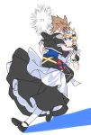  ! !! 2boys alternate_costume apron black_shoes blonde_hair blue_eyes blush carrying carrying_person crossdressing crossdressing_(mtf) dress enmaided highres holding kingdom_hearts maid maid_headdress male_focus multiple_boys roxas shoes short_hair sora_(kingdom_hearts) sweatdrop white_background yaoi zcx21177061994 