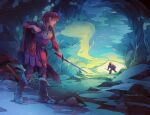  1girl amulet artist_name belt boots brown_pants cave cave_interior cloak closed_mouth gloves heel_up holding holding_sword holding_weapon long_sleeves monster original pants profile red_hair red_shirt sarah_webb scabbard sheath shirt short_hair skirt snow stalactite standing sword unworn_clothes unworn_gloves weapon web_address 