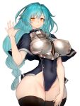  1girl armor black_thighhighs breastplate breasts cameltoe character_request copyright_request covered_navel covered_nipples fumio_(rsqkr) highres hip_dips hip_focus impossible_clothes large_breasts lips long_hair looking_at_viewer narrow_waist navel pauldrons shoulder_armor simple_background smile solo thick_thighs thighhighs thighs white_background wide_hips 
