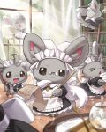  &gt;_&lt; absurdres apron black_dress blurry blurry_foreground book bookshelf broom cinccino closed_mouth clothed_pokemon commentary_request curtains dress duster evolutionary_line feather_duster glasses highres hoishere7 holding holding_broom indoors ladder looking_at_viewer maid maid_headdress minccino no_humans paper pokemon pokemon_(creature) pokemon_focus smile sparkle standing white_apron window 