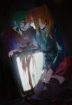  1boy 1girl aqua_eyes aqua_hair bags_under_eyes black_background blood blood_on_clothes blood_on_face blood_on_hands blue_jacket braid brown_shirt checkered_necktie chidouin_sara choker closed_mouth collared_shirt crossed_arms crt empty_eyes forehead-to-forehead green_necktie hair_over_shoulder hands_on_lap heads_together high_ponytail highres hiyori_sou jacket kimi_ga_shine light_frown long_hair long_sleeves looking_at_another monitor necktie open_mouth orange_hair own_hands_clasped own_hands_together parted_bangs pink_skirt pleated_skirt ponytail purple_eyes purple_thighhighs red_scarf scarf school_uniform screen_light seiza shirt short_hair side_part single_sidelock sitting skirt straight_hair thighhighs white_shirt yellowmao0509 zettai_ryouiki 
