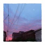  alu.m_(alpcmas) border building cloud cloudy_sky commentary_request crescent_moon evening highres house moon no_humans original power_lines scenery signature sky sky_focus urban utility_pole white_border 