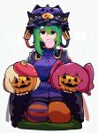  1girl adapted_costume animal_on_head asymmetrical_hair asymmetrical_legwear baby_animal bird bird_on_head black_eyes blonde_hair blue_vest bow breasts buttons candy chick chicken collared_vest epaulettes food food_in_mouth frilled_hat frilled_sleeves frills green_hair hair_bobbles hair_ornament halloween hat holding holding_food holding_pumpkin holding_vegetable iganashi1 jack-o&#039;-lantern lollipop looking_at_viewer medium_breasts miniskirt multicolored_hair niwatari_kutaka on_head onozuka_komachi pumpkin red_hair seiza shiki_eiki short_hair simple_background sitting skirt solo stuffed_animal stuffed_toy swirl_lollipop touhou two-tone_hair two_side_up vegetable vest white_background wide_sleeves 