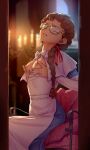  1girl apron apron_pull aroused backlighting black-framed_eyewear blue_dress blurry blurry_background bow bowtie braid breasts breasts_out brown_hair candelabra candle candlestand capelet capelet_bow chair closed_eyes clothes_pull commentary_request cowboy_shot depth_of_field dress dress_pull glasses hair_over_shoulder hair_ribbon hair_tie highres indoors iskanderednaksi long_dress long_hair medium_breasts night nipple_rub nipple_stimulation nipples no_bra on_chair original parted_lips raised_inner_eyebrows red_ribbon ribbon russian_commentary single_braid sitting sitting_on_pillow solo white_apron white_bow white_bowtie white_capelet window 