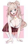  1girl bare_arms bare_shoulders bead_necklace beads blonde_hair blondedaze blue_eyes breasts camisole choker cleavage collarbone double_bun downblouse earrings english_commentary garter_straps hair_bun hair_ornament hairclip harunaki highres indie_virtual_youtuber jewelry large_breasts leaning_forward long_hair looking_at_viewer miniskirt necklace open_mouth pink_choker plaid_clothes plaid_skirt pleated_skirt red_skirt second-party_source shirt single_garter_strap skirt sleeveless sleeveless_shirt smile solo strap_slip thighhighs two-tone_background very_long_hair virtual_youtuber white_shirt white_thighhighs zettai_ryouiki 
