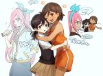  3girls :o ;d antenna_hair arms_around_back arms_around_neck aubrey_(faraway)_(omori) aubrey_(omori) bare_arms bare_shoulders baseball_bat black_eyes black_hair black_sweater_vest blue_eyes blue_hairband blue_skirt bow_hairband breasts bright_pupils brown_eyes brown_hair brown_skirt collared_shirt cowboy_shot dark-skinned_female dark_skin denim denim_skirt double-parted_bangs english_text flower genderswap genderswap_(mtf) grey_sailor_collar hair_between_eyes hairband hand_in_pocket hashtag-only_commentary heads_together highres holding holding_baseball_bat hug jacket kel_(faraway)_(omori) kel_(omori) long_hair looking_at_another looking_at_viewer low_twintails medium_hair midriff miniskirt multiple_girls multiple_views no_sclera omori one_eye_closed open_clothes open_jacket open_mouth orange_flower orange_shorts orange_tank_top pink_hair pleated_skirt sailor_collar shirt short_hair short_sleeves shorts simple_background skirt small_breasts smile speech_bubble standing straight_hair sudgarock sunny_(omori) sweatdrop sweater_vest talking tank_top teeth three-quarter_sleeves tongue twintails upper_teeth_only very_long_hair white_background white_jacket white_pupils white_shirt 