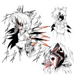  1girl 3rdeye_suki ascot back_spikes blood blood_from_eyes blood_on_face blood_on_teeth bow detached_sleeves frilled_bow frilled_hair_tubes frills greyscale hair_bow hair_tubes hakurei_reimu hatching_(texture) highres looking_at_viewer looking_back monochrome navel open_mouth ribbon-trimmed_sleeves ribbon_trim sharp_teeth simple_background skirt solo spitting spitting_blood standing teeth touhou touhou_igyoukyo variant_reimu vertical_mouth white_background yin_yang 