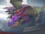  1boy aretokasoretoka armor blue_armor blue_helmet cape cleaning closed_mouth dragon dragon_lord dragon_quest dragon_quest_i fake_horns full_body gloves helmet hero_(dq1) highres horned_helmet horns male_focus one_eye_closed red_cape red_eyes twitter_username white_gloves 