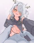 1boy 1girl alternate_costume alternate_hair_color breasts ceres_fauna detached_sleeves english_commentary grabbing_another&#039;s_breast grey_hair grey_panties grey_sleeves grey_sweater_vest grey_thighhighs groping guided_breast_grab guiding_hand hair_over_one_eye heart heart-shaped_pupils hetero highres hololive hololive_english large_breasts looking_at_viewer mole mole_under_eye moral_cacoethes nipples open_mouth panties penis pov reaching reaching_towards_viewer sex smile sweater_vest symbol-shaped_pupils thighhighs tree_horns uncensored underwear virgin_destroyer_sweater virtual_youtuber yellow_eyes 