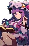  1girl blue_bow blue_ribbon blunt_bangs book bow breasts closed_mouth crescent crescent_hat_ornament dress hair_bow hat hat_ornament hat_ribbon iganashi1 knee_up large_breasts long_hair looking_at_viewer mob_cap one-hour_drawing_challenge open_book patchouli_knowledge purple_eyes purple_hair red_bow red_ribbon ribbon robe simple_background solo striped_clothes striped_dress thighs touhou very_long_hair white_background wide_sleeves 