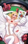  1girl blonde_hair blue_eyes boots breasts cape card corset david_nakayama elbow_gloves emma_frost fur-trimmed_cape fur_trim gloves highres holding holding_card initial long_hair looking_at_viewer lying marvel on_back panties poker_chip queen_(playing_card) queen_of_diamonds red_lips solo thigh_boots underwear white_boots white_cape white_corset white_gloves white_panties x-men 