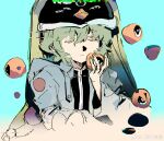  1other androgynous black_hat black_shirt blue_background blue_jacket buttons chinese_commentary closed_eyes closed_mouth colored_eyelashes commentary_request corallo cropped_torso expressionless eye_of_senri food food_request glitch green_hair green_veil hair_between_eyes hat highres holding holding_food hood hood_down hooded_jacket jacket len&#039;en light_frown long_sleeves open_clothes open_jacket other_focus penguin_hat shirt shitodo_aoji short_hair solo veil watermark weibo_watermark wide_sleeves zipper 