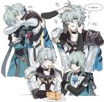  2boys absurdres anaxa_(honkai:_star_rail) animal_ears aqua_hair armor black_choker black_corset blue_eyes blush chain choker closed_mouth coat collarbone corset dog_boy dog_ears earrings eyepatch food gem grey_hair half-closed_eyes hand_tattoo head_rest headpat highres honkai:_star_rail honkai_(series) hug jewelry korean_text lapels male_focus medium_hair multicolored_eyes multiple_boys notched_lapels one_eye_closed one_eye_covered open_mouth pancake pancake_stack pauldrons phainon_(honkai:_star_rail) pink_eyes red_gemstone red_tattoo shirt short_hair shoulder_armor simple_background single_earring single_pauldron sinnandaggong smile sparkle speech_bubble tattoo translation_request two-tone_eyes upper_body white_background white_coat white_shirt yellow_pupils 