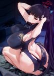  1girl arms_up ass back back_cutout bare_legs barefoot black_dress black_gloves black_hair blue_archive blush breasts bright_pupils butt_crack china_dress chinese_clothes closed_mouth clothing_cutout cosplay dress feet full_body gloves hair_ornament hairclip half_gloves halo highres huge_ass huge_breasts kisaki_(blue_archive) kisaki_(blue_archive)_(cosplay) kneeling long_hair looking_at_viewer ponytail red_eyes revision rio_(blue_archive) soles solo thighs toes white_pupils xiujia_yihuizi 