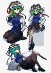  1girl :o ankle_socks asymmetrical_hair black_eyes black_gloves black_hat black_pantyhose black_shoes black_skirt blue_vest bow breasts buttons closed_mouth collared_vest epaulettes frilled_hat frills from_side full_body gloves green_hair hair_between_eyes hat high_heels highres holding iganashi1 leaning_back light_smile long_sleeves looking_at_viewer looking_to_the_side mary_janes medium_breasts miniskirt multiple_views no_pupils pantyhose parted_lips red_bow ribbon-trimmed_skirt ribbon_trim rod_of_remorse seiza shadow shiki_eiki shirt shoes short_hair simple_background sitting skirt sleeve_bow socks standing touhou vest white_background white_bow white_shirt white_socks wide_sleeves 