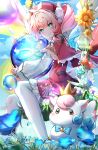  1girl absurdres aqua_eyes aqua_hair artist_name blue_sky chinese_commentary commentary_request dress drill_hair flower hat highres holding_bubble honkai:_star_rail honkai_(series) hyacine_(honkai:_star_rail) infinity_symbol jingxinzhiyun little_ica_(honkai:_star_rail) looking_at_viewer medium_hair miyoushe_watermark multicolored_hair pantyhose pegasus red_dress red_hat sky smile sunflower twin_drills two-tone_hair watermark white_pantyhose 