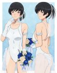  1girl amagami aqua_background arm_garter black_eyes black_hair blue_flower blue_rose blush border bouquet breasts bridal_veil bride choker closed_mouth collarbone competition_swimsuit covered_navel cowboy_shot earrings flower from_side gloves hair_ornament hair_scrunchie hand_on_own_face hand_up highleg highleg_one-piece_swimsuit highres holding holding_bouquet jewelry looking_at_viewer looking_to_the_side medium_breasts multiple_views nanidato_(nanidat0) nontraditional_wedding_dress one-piece_swimsuit outside_border ponytail rose scrunchie short_hair smile swimsuit tsukahara_hibiki veil white_border white_choker white_flower white_gloves white_one-piece_swimsuit white_rose white_scrunchie 