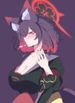  absurdres alternate_hair_length alternate_hairstyle amebrew animal_ear_fluff animal_ears bite_mark bite_mark_on_neck black_hair black_kimono black_nails blue_archive blush closed_mouth colored_inner_hair fox_ears fox_girl fox_tail from_side grey_sailor_collar halo heart hickey highres japanese_clothes kimono multicolored_hair purple_background purple_sash red_hair red_halo sailor_collar sash smile tail two-tone_hair upper_body wakamo_(blue_archive) yellow_eyes 
