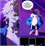  2boys alien_stage artist_name black_shorts blonde_hair blue_jacket commentary crossover english_commentary english_text glowing glowing_eye hands_in_pockets headset health_bar heart highres hollow_eyes jacket luka_(alien_stage) male_focus microphone multiple_boys pink_slippers sans_(undertale) shirt short_hair shorts skeleton slippers smile uchiha_i_arts undertale user_interface white_hood white_shirt yellow_eyes 