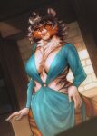  anthro black_hair black_sclera breasts cheek_tuft cleavage clothed clothing facial_tuft felid female fur grey_stripes hair half-closed_eyes highlights_(coloring) mammal narrowed_eyes neck_tuft orange_body orange_fur prehistoric_species ratsxteeth saber-toothed_tiger skimpy_dress smile solo striped_body striped_fur stripes tuft white_body white_fur white_highlights 