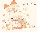  acorn baby_animal bird blush chick closed_eyes closed_mouth commentary_request full_body happy mushroom no_humans pokemon pokemon_(creature) scorbunny simple_background sitting smile solo translated white_background yupo_0322 