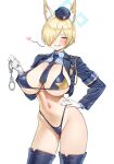  1girl alternate_costume animal_ear_fluff animal_ears bikini black_hat blue_archive blue_bikini blue_eyes blue_jacket blue_thighhighs blush breasts cuffs dog_ears dog_girl extra_ears gloves hair_over_one_eye hand_on_own_hip handcuffs hat highleg highleg_bikini highres holding holding_handcuffs jacket kanna_(blue_archive) large_breasts micro_bikini navel short_hair solo swimsuit thighhighs thore_(nathalukpol) white_gloves 